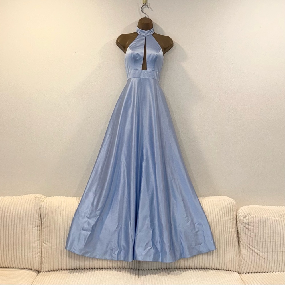 Baby blue mesh v cutout long formal prom dress with halter neckline - Picture 7 of 7